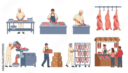 Meat factory processing set. Butchers cutting beef, making sausages, grinding minced meat, packing boxes, selling at market stall.
