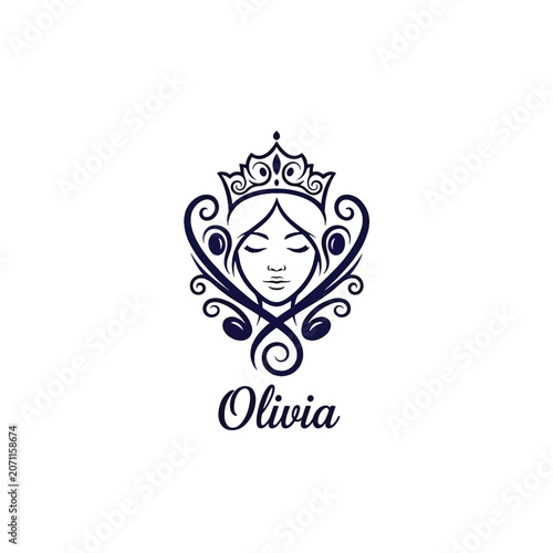 Elegant female portrait logo with ornate crown and swirling decorative flourishes.