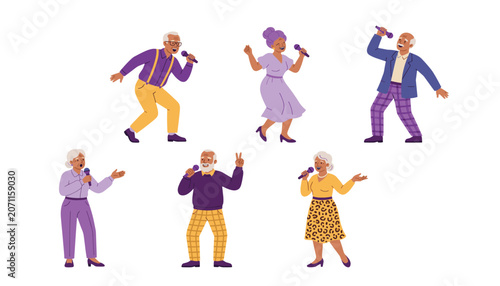 Elderly people singing karaoke. Senior characters holding microphones, dancing, performing, gray-haired musicians group, older adults hobby.