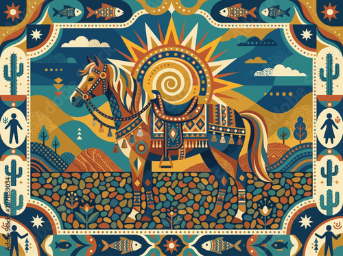 Foto Folk Art Desert Horse Illustration with Tribal Patterns and Celestial Sun