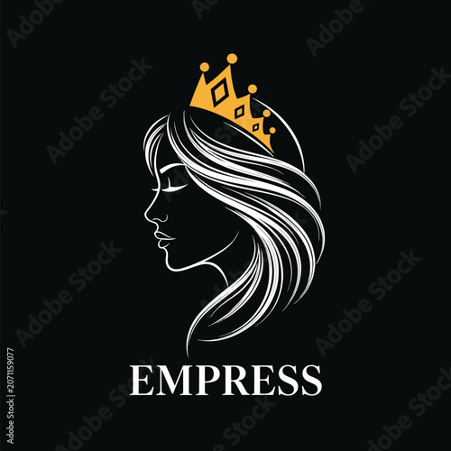 Elegant female profile silhouette wearing a golden crown logo.