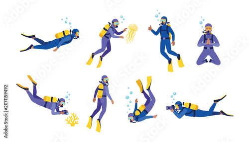 Billede på lærred Scuba divers exploring underwater marine life vector characters set