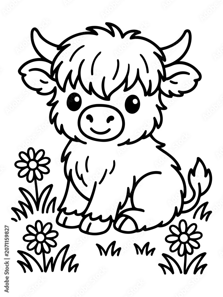 Fototapeta premium Cute Highland Cow Illustration for Coloring: A charming, hand-drawn illustration of a baby Highland cow with fluffy fur, gentle eyes, and small horns, sitting amongst daisies in a grassy field.
