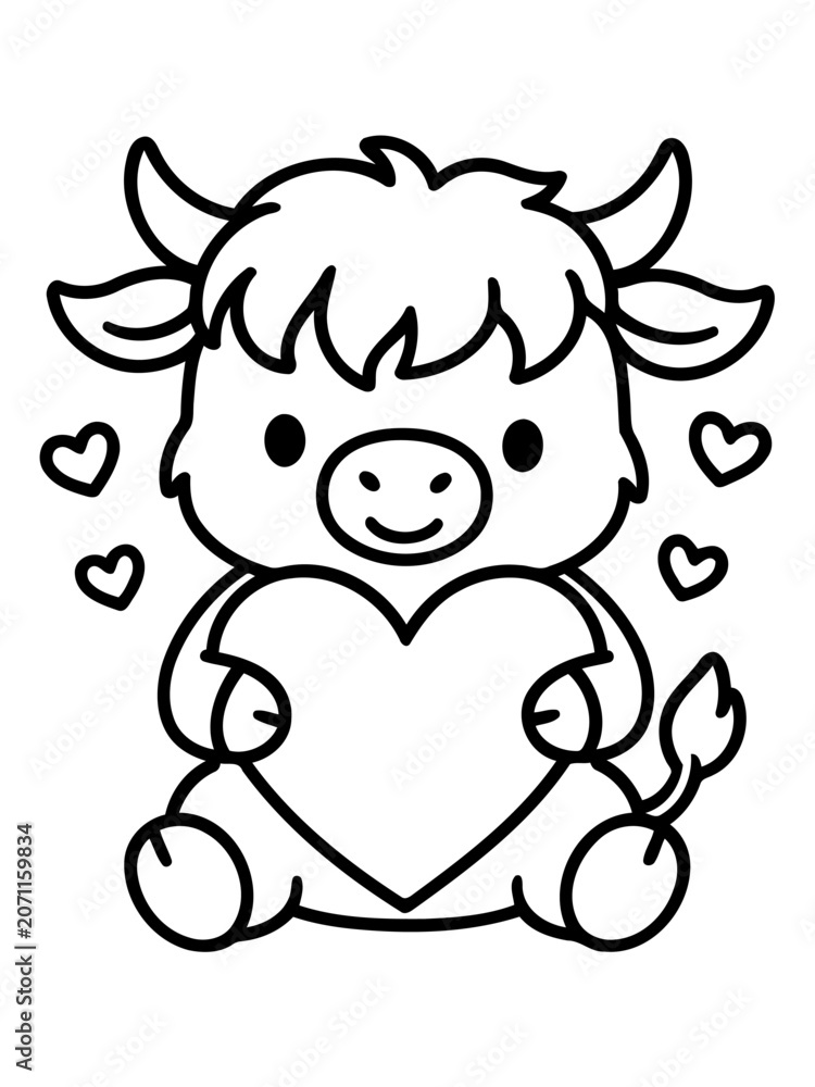 Fototapeta premium Cute Ox Holding Heart: A charming, cartoon ox with small horns and a fluffy mane sits adorably, holding a large heart in its hooves, surrounded by smaller hearts, embodying love and sweetness.
