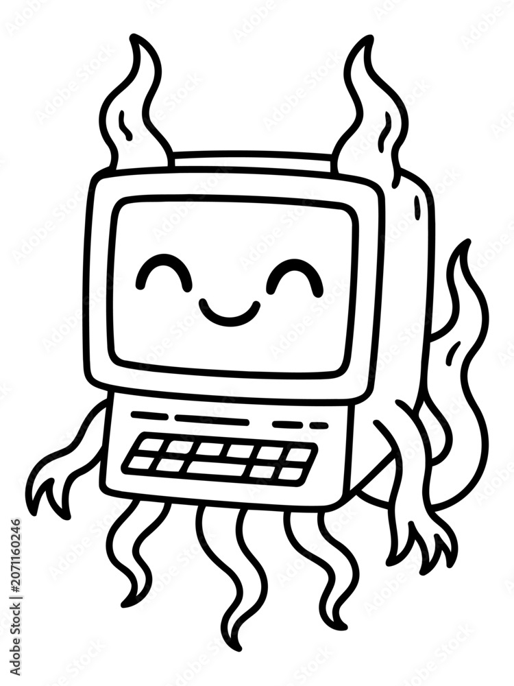 Naklejka premium Friendly Computer Character: A charming, hand-drawn cartoon character of an old-fashioned computer with a joyful face and tentacle-like limbs, radiating an aura of creativity and fun.