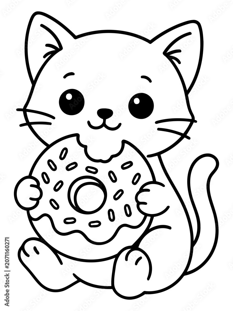 Obraz premium Cute Cat Eating Donut: A charming and simple illustration of a fluffy cat happily biting into a delicious donut, perfect for coloring pages and lighthearted designs.