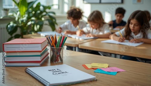 Children Classroom Studying and Writing in Bright Modern School