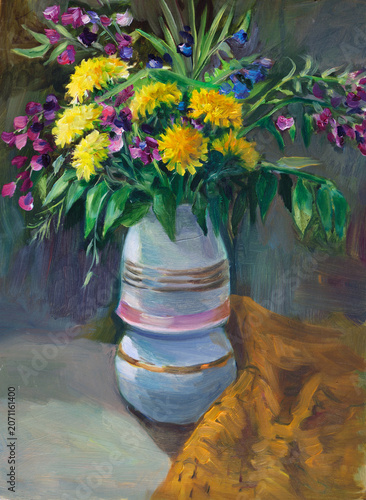 Wildflowers in a white vase. Oil painting on canvas.