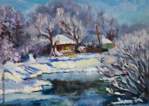 Winter country landscape with river. Oil painting on canvas