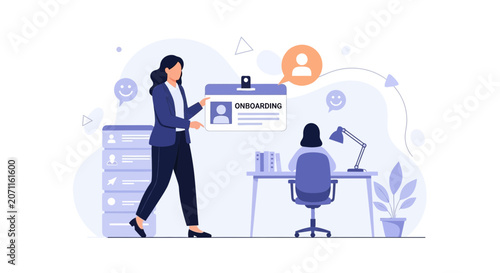 Company Onboarding Process: Welcoming New Employee with HR Card and Desk Setup