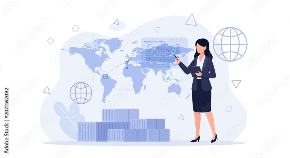 Naklejka premium Businesswoman presenting global logistics and supply chain management on a world map display
