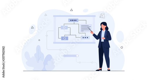 Businesswoman presenting flowchart on whiteboard, explaining project strategy and workflow, modern flat vector illustration