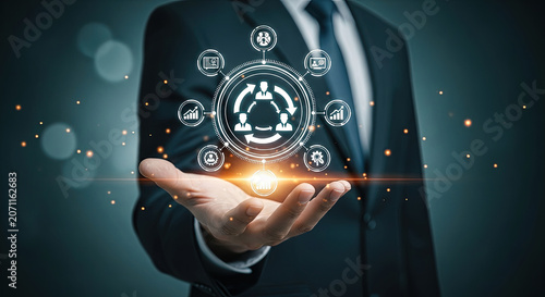 Close up of a businessman presenting an intricate digital diagram of organizational structure and business growth metrics