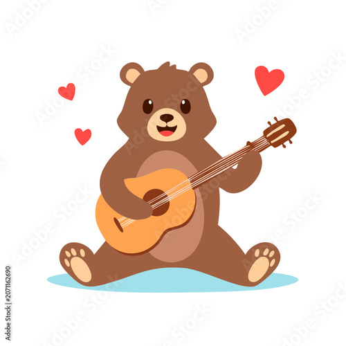 Cute cartoon bear playing guitar with hearts