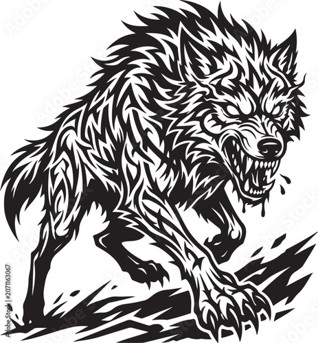 Foto Angry aggressive wolf snarling and growling with sharp teeth in a tribal art sty
