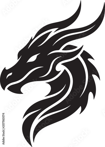 Black dragon head silhouette icon with sharp horns and scales for fantasy logo design and tribal tattoo art vector
