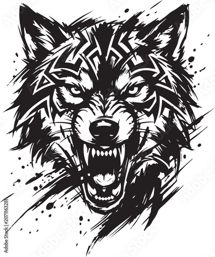 Tableau sur toile Fierce growling wolf head illustration with black tribal ink style and expressiv