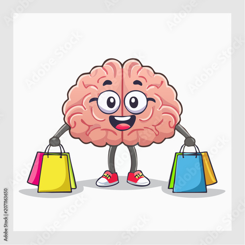 Happy cartoon brain character with shopping bags