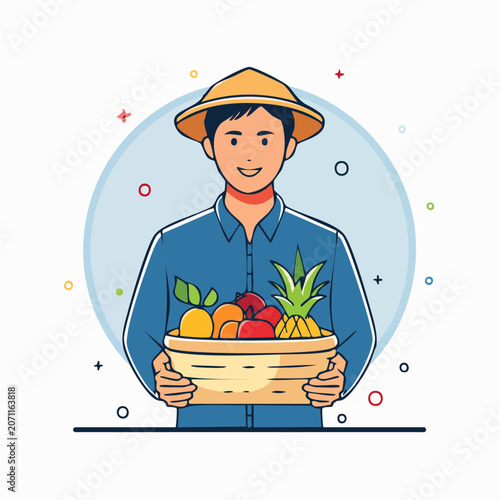 Man in conical hat holding a basket of fresh fruits