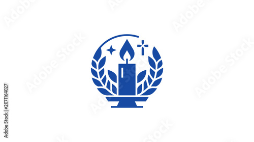 Blue religious candle icon with wreath and cross symbol
