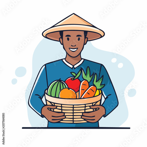 Smiling farmer in conical hat holding a basket of fresh fruits and