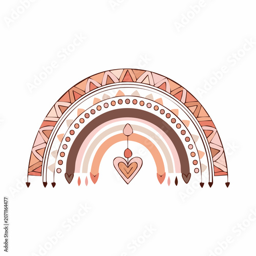 Boho rainbow illustration with heart and tribal patterns