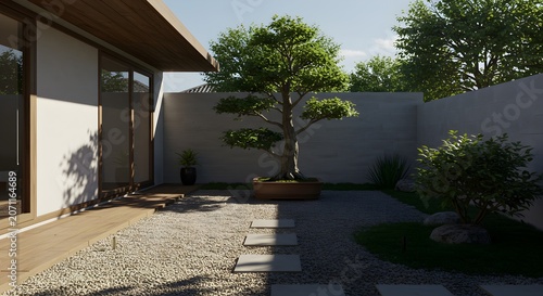Tranquil garden scene with tree and stone path under clear skies
