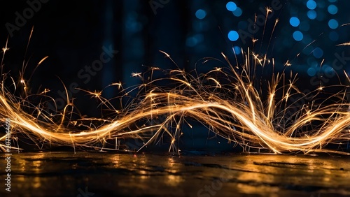 Abstract glowing sparkler wave light on dark background festive concept
