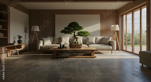 Tranquil interior with bonsai tree sofa and natural light