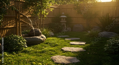 Tranquil japanese garden scene stone path bamboo fence and waterfall
