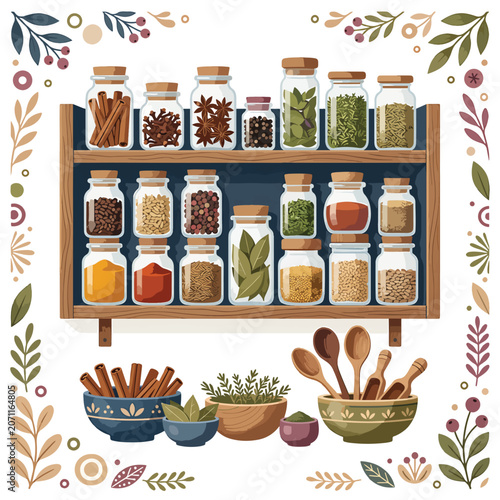 Obraz na plátně Spices and herbs on wooden shelf.