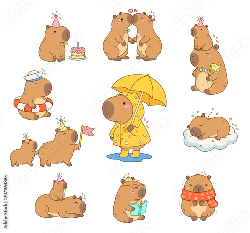 Collection of Adorable Capybara Characters: A charming compilation of cute capybara illustrations, depicting various whimsical activities and festive moments.
