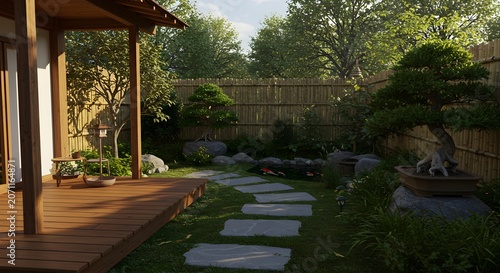 Tranquil japanese garden scene with stone pathway and wooden architecture
