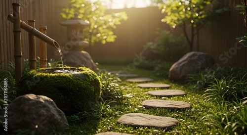 Tranquil japanese garden scene with water feature and stone pathway