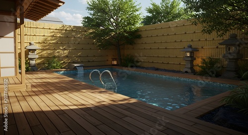 Tranquil outdoor pool area with wooden deck and traditional japanese garden