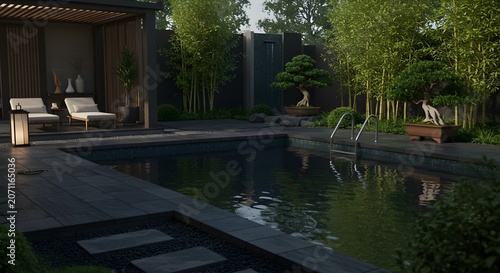 Tranquil outdoor pool scene with lounge chairs and lush landscaping