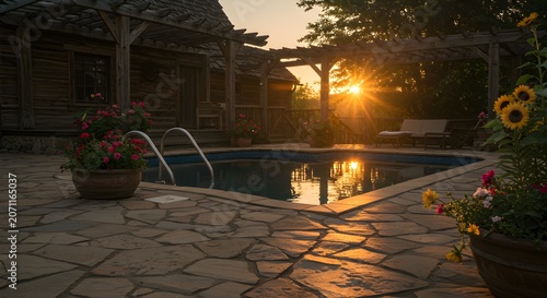 Tranquil outdoor pool at sunset with plants and wooden structures