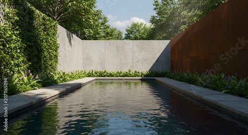 Tranquil outdoor pool with concrete walls and lush greenery under sunlight