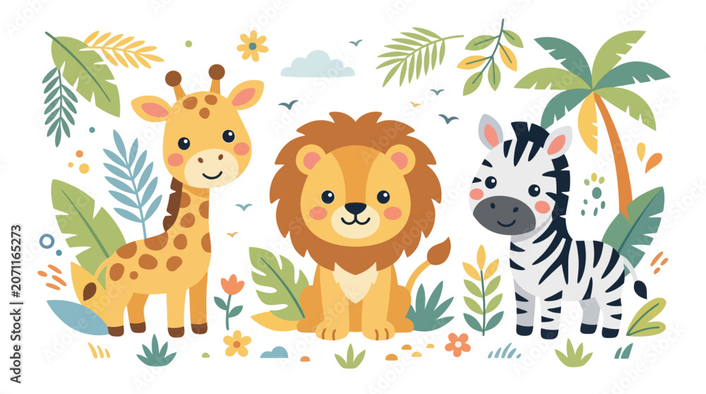 Fototapeta premium Flat vector illustration of a cute baby lion, giraffe, and zebra standing among tropical jungle leaves, palm trees, and flowers on a white background for nursery decor or kids theme.