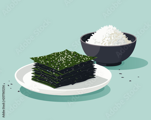 Stacked Nori Seaweed icon Sheets on Plate with Rice Bowl Asian Japanese Korean Healthy Snack Food