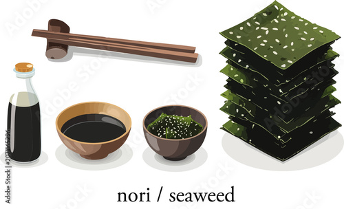 Nori seaweed sheets with soy sauce bottle and wooden chopsticks for japanese cuisine illustration