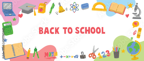 Back to school theme colorful school supplies and education border background with copy space area for text.