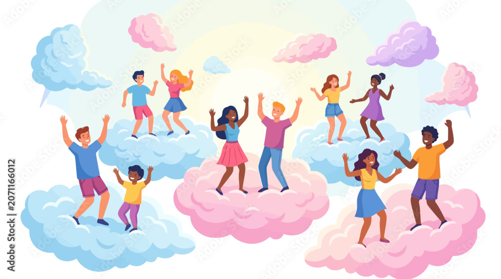 Naklejka premium Diverse group of happy young people and children dancing and jumping on colorful blue and pink pastel clouds in a bright sky. Modern flat vector illustration of joy and freedom.
