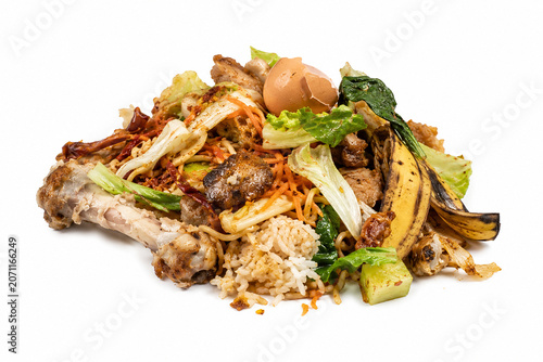 Pile of food waste and leftovers isolated on white background