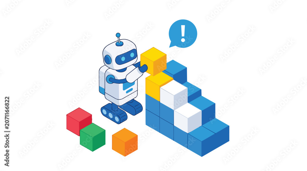 Obraz premium Machine learning robot building blocks in isometric flat vector style for technology education