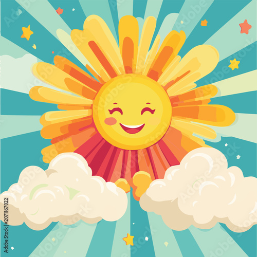 A cheerful sun shines brightly in a blue sky with fluffy clouds, radiating joy and warmth.