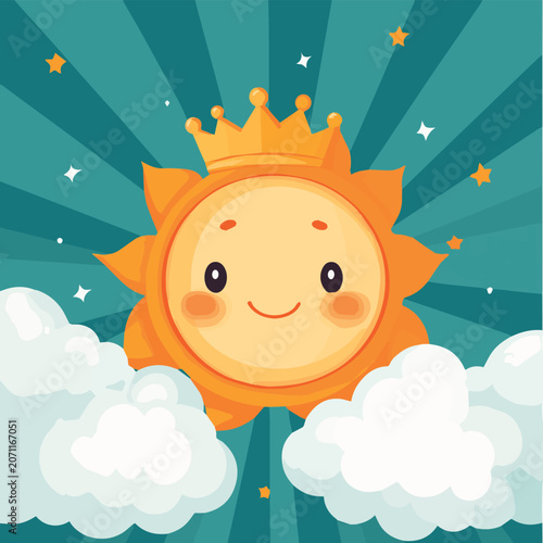 A cheerful sun character with a crown, surrounded by clouds and stars, radiating positivity and joy.