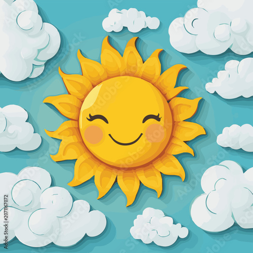 A cheerful sun illustration amidst fluffy clouds, radiating warmth and positivity in a vibrant, playful design.