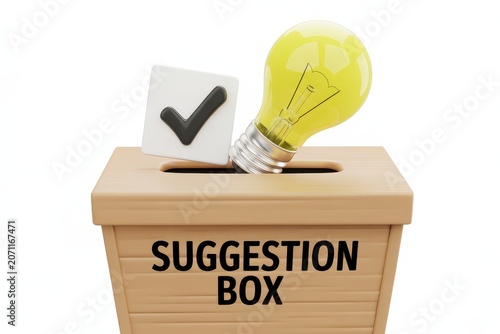Suggestion box with lightbulb and checkmark icon isolated on white background