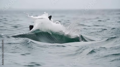 Atlantic common dolphin leaps majestically from ocean water, splashing gracefully during dynamic daytime display.